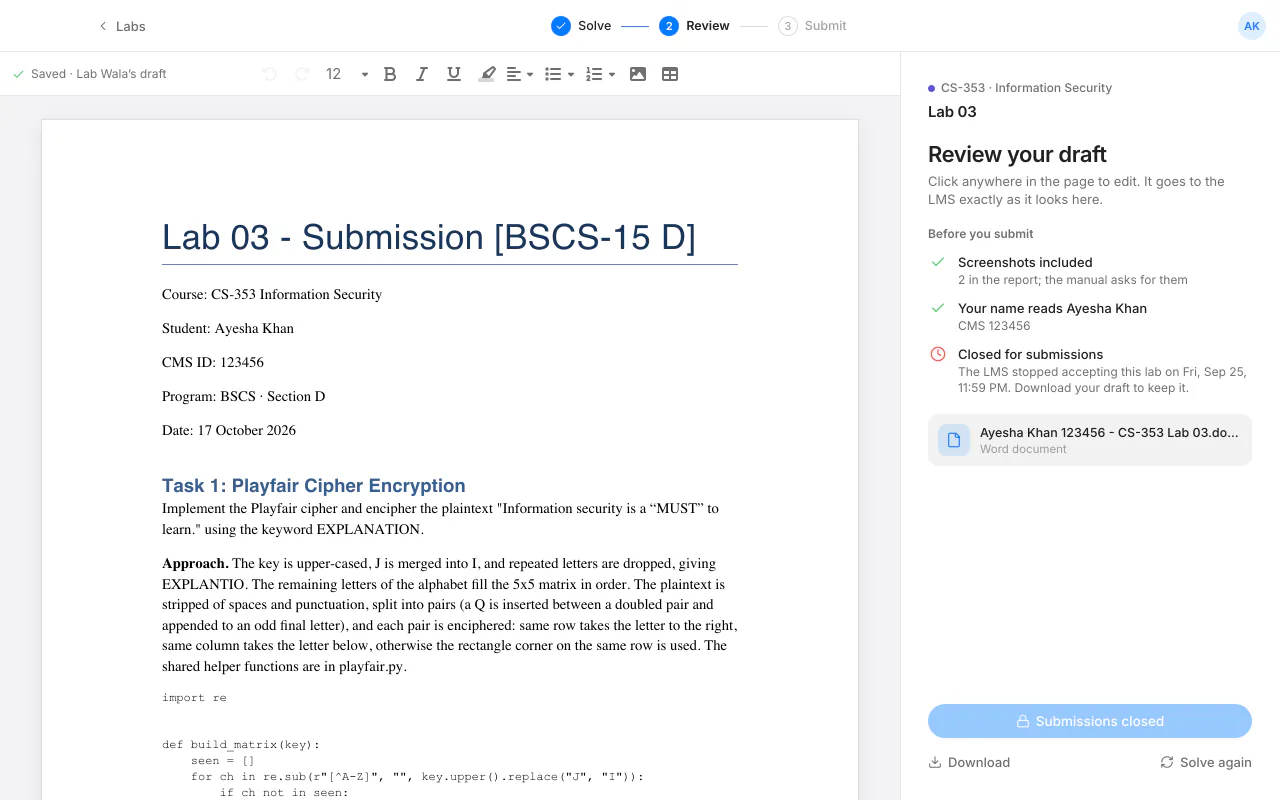 The drafted report open for editing, with checks before you submit